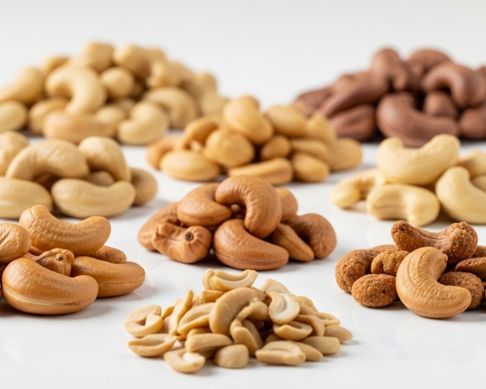 Workers manually separating raw cashew nuts from bright yellow cashew apples